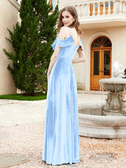 Robe de A-ligne en Velours à Col en V avec Fente Bleu Ciel Grande Taille