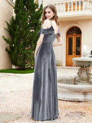 Robe de A-ligne en Velours à Col en V avec Fente Gris Acier