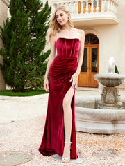 Robe Sirène en Velours Sans Bretelles avec Traîne Balayage Bordeaux
