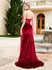 Robe Sirène en Velours Sans Bretelles avec Traîne Balayage Bordeaux