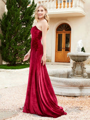 Robe Sirène en Velours Sans Bretelles avec Traîne Balayage Bordeaux