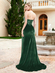 Robe Sirène en Velours Sans Bretelles avec Traîne Balayage Vert Foncé