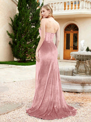 Robe Sirène en Velours Sans Bretelles avec Traîne Balayage Rose Poudré Grande Taille