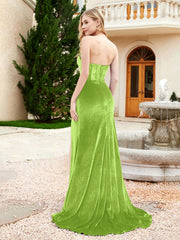 Robe Sirène en Velours Sans Bretelles avec Traîne Balayage Vert Citron
