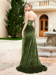 Robe Sirène en Velours Sans Bretelles avec Traîne Balayage Olive Verte