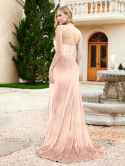 Robe Sirène en Velours Sans Bretelles avec Traîne Balayage Rose Perle