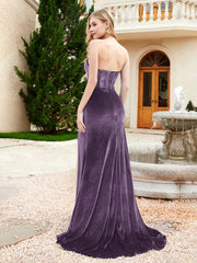 Robe Sirène en Velours Sans Bretelles avec Traîne Balayage Plum