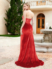 Robe Sirène en Velours Sans Bretelles avec Traîne Balayage Rouge Grande Taille
