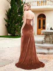 Robe Sirène en Velours Sans Bretelles avec Traîne Balayage Rouille Grande Taille