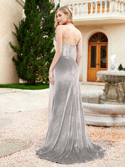 Robe Sirène en Velours Sans Bretelles avec Traîne Balayage Argent
