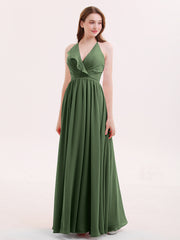 Col en V Pleine Longueur Mousseline Robe Demoiselle d'honneur Olive Verte