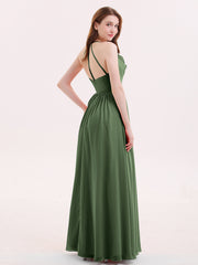 Col en V Pleine Longueur Mousseline Robe Demoiselle d'honneur Olive Verte