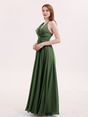 Col en V Pleine Longueur Mousseline Robe Demoiselle d'honneur Olive Verte