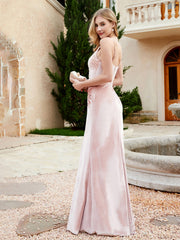 Robe en Velours à Bretelles Spaghetti avec Fente Rose Perle Grande Taille