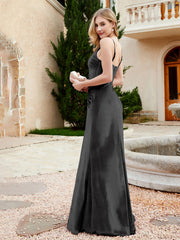 Robe en Velours à Bretelles Spaghetti avec Fente Noir