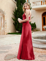 Robe en Velours à Bretelles Spaghetti avec Fente Bordeaux