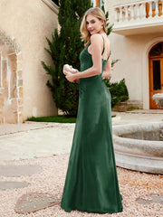Robe en Velours à Bretelles Spaghetti avec Fente Vert Foncé