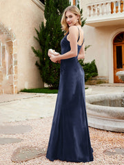Robe en Velours à Bretelles Spaghetti avec Fente Bleu Marine
