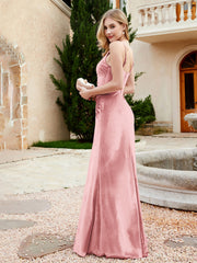 Robe en Velours à Bretelles Spaghetti avec Fente Rose Poudré