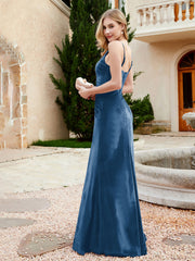 Robe en Velours à Bretelles Spaghetti avec Fente Bleu Encre