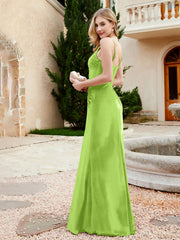 Robe en Velours à Bretelles Spaghetti avec Fente Vert Citron Grande Taille