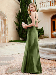 Robe en Velours à Bretelles Spaghetti avec Fente Olive Verte