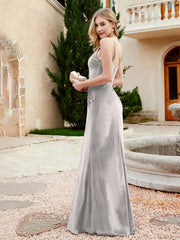 Robe en Velours à Bretelles Spaghetti avec Fente Argent