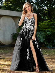 Robe de A-ligne en Tulle à Lacet et Col en V Noir Grande Taille