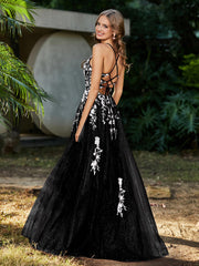 Robe de A-ligne en Tulle à Lacet et Col en V Noir Grande Taille