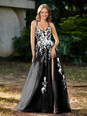 Robe de A-ligne en Tulle à Lacet et Col en V Noir Grande Taille
