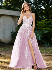 Robe de A-ligne en Tulle à Lacet et Col en V Rose Pâle