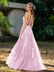 Robe de A-ligne en Tulle à Lacet et Col en V Rose Pâle
