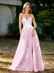 Robe de A-ligne en Tulle à Lacet et Col en V Rose Pâle Grande Taille