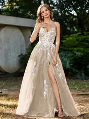 Robe de A-ligne en Tulle à Lacet et Col en V Champagne Grande Taille