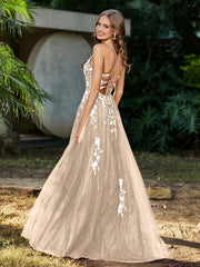 Robe de A-ligne en Tulle à Lacet et Col en V Champagne
