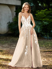 Robe de A-ligne en Tulle à Lacet et Col en V Champagne