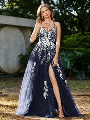Robe de A-ligne en Tulle à Lacet et Col en V Bleu Marine