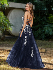 Robe de A-ligne en Tulle à Lacet et Col en V Bleu Marine