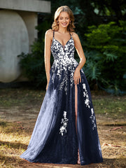 Robe de A-ligne en Tulle à Lacet et Col en V Bleu Marine