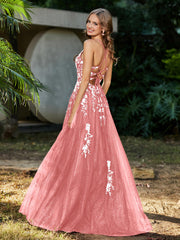 Robe de A-ligne en Tulle à Lacet et Col en V Flamant