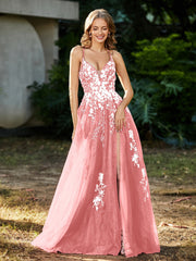 Robe de A-ligne en Tulle à Lacet et Col en V Flamant