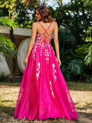 Robe de A-ligne en Tulle à Lacet et Col en V Fuchsia Grande Taille