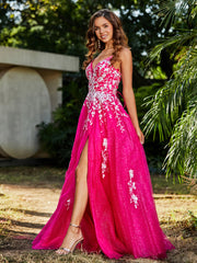 Robe de A-ligne en Tulle à Lacet et Col en V Fuchsia