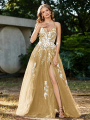 Robe de A-ligne en Tulle à Lacet et Col en V Or Grande Taille