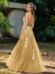 Robe de A-ligne en Tulle à Lacet et Col en V Or