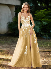Robe de A-ligne en Tulle à Lacet et Col en V Or Grande Taille