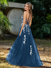 Robe de A-ligne en Tulle à Lacet et Col en V Bleu Encre
