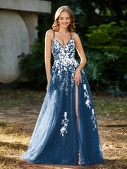 Robe de A-ligne en Tulle à Lacet et Col en V Bleu Encre