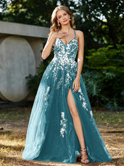 Robe de A-ligne en Tulle à Lacet et Col en V Jade