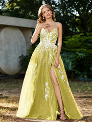 Robe de A-ligne en Tulle à Lacet et Col en V Citron